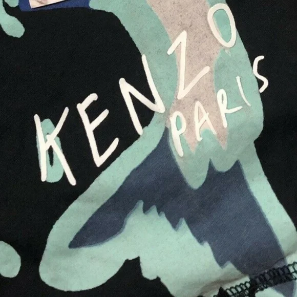 KENZO sz S Black Long Tank Top Side Slits Blue Fish - Picture 7 of 8